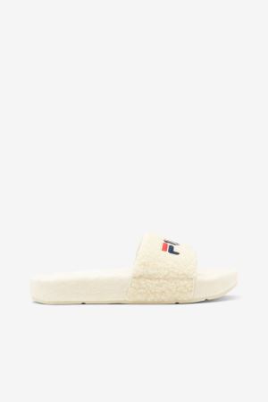 FILA Fuzzy Drifter Slides Cream / Navy / Red,Womens Shoes | CA.DVOQTK687